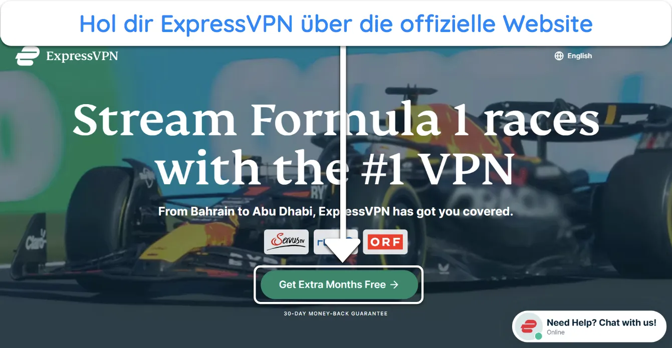 Screenshot, der zeigt, wie man ExpressVPN über die offizielle Website erhält.