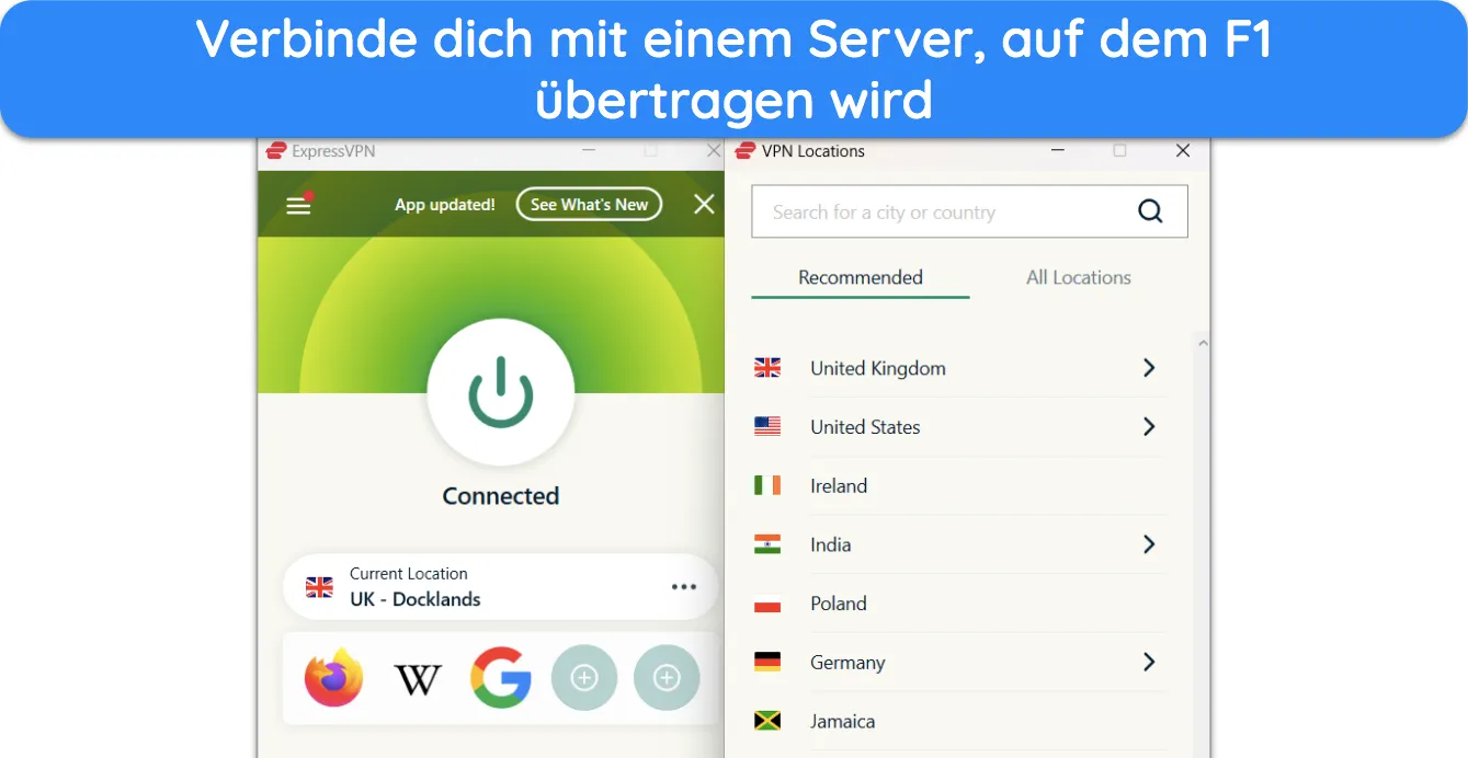 Screenshot, der zeigt, wie ExpressVPN mit einem Land verbunden ist, in dem F1-Rennen live übertragen werden.