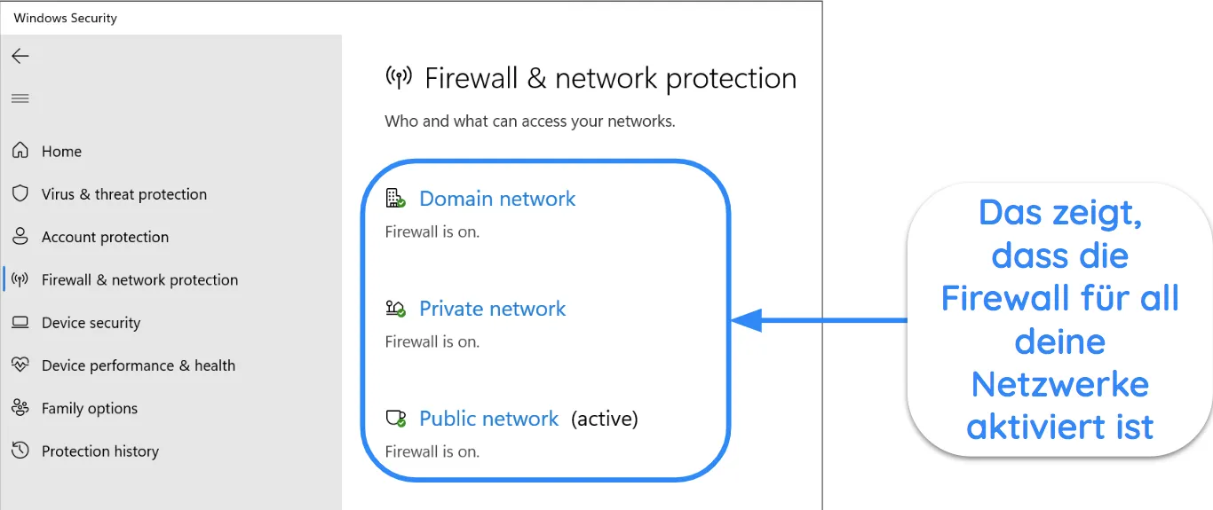 Screenshot der Windows-Sicherheits-App mit dem Status der Firewall und des Netzwerkschutzes.
