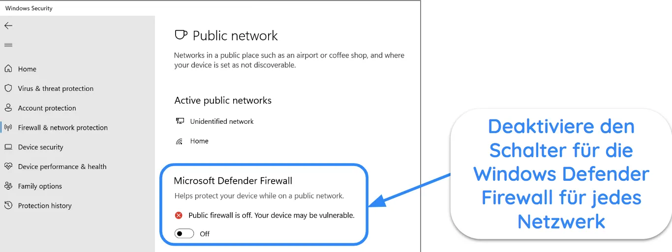 Screenshot der Windows-Sicherheits-App mit der deaktivierten Microsoft Defender-Firewall.