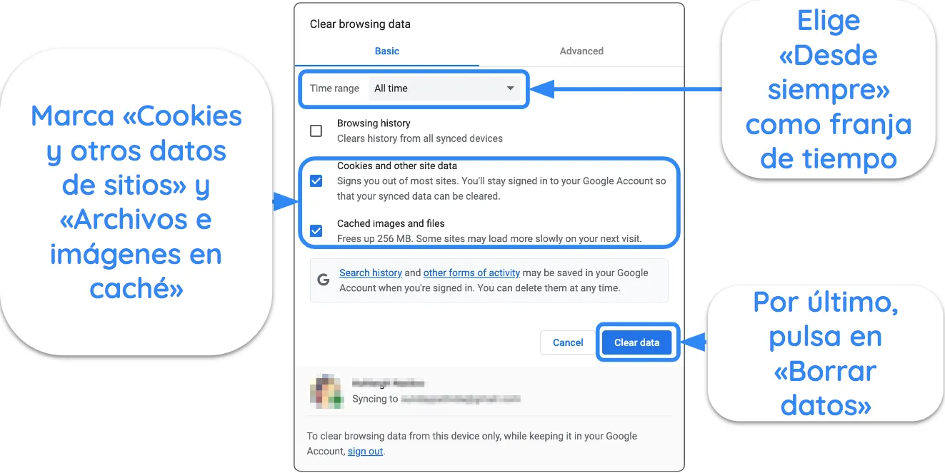 Captura de pantalla de Google Chrome que muestra la configuración para borrar la caché y las cookies.
