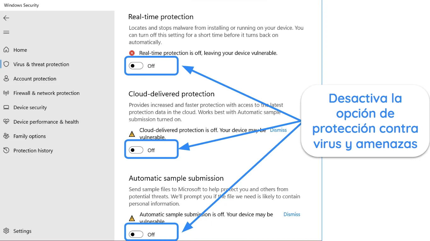 Captura de pantalla de la aplicación Seguridad de Windows que muestra la protección contra virus y amenazas desactivada.
