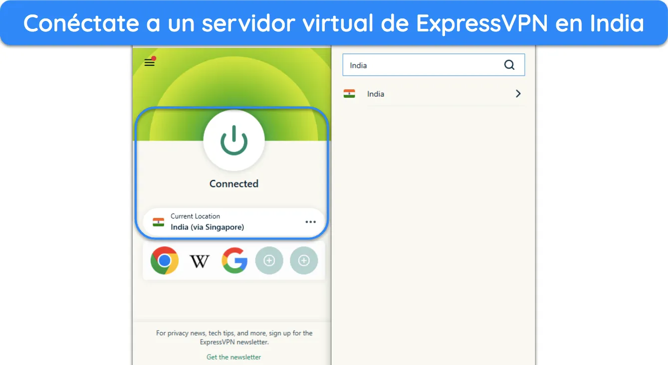 Captura de pantalla de ExpressVPN conectado a un servidor en India a través de Singapur.