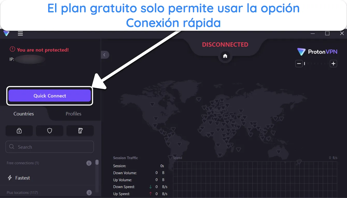 Captura de pantalla que muestra la opción Quick Connect en la versión gratuita de Proton VPN.