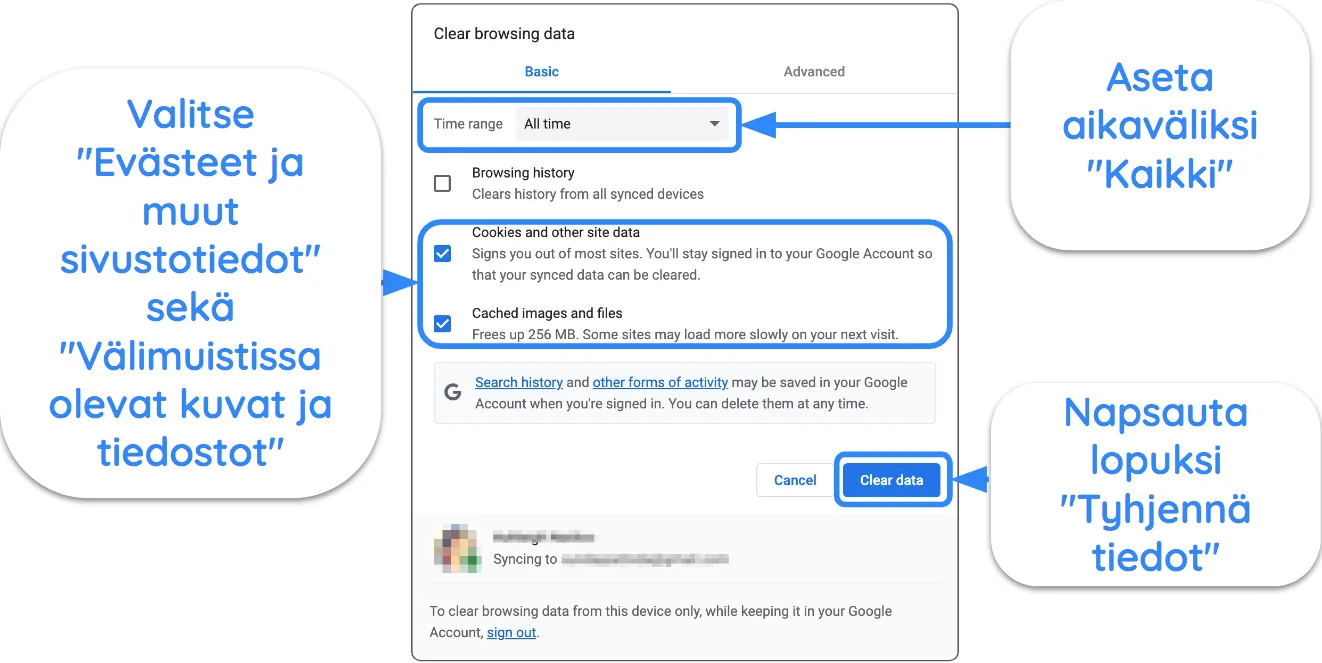 Kuvakaappaus Google Chromesta, jossa näkyvät välimuistin ja evästeiden tyhjennysasetukset.