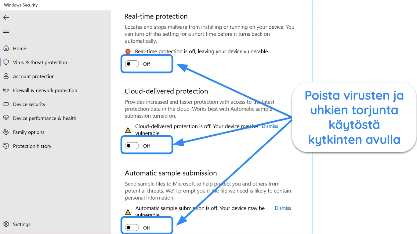 Näyttökaappaus Windows Security -sovelluksesta, jossa näkyy virus- ja uhkien suojaus pois päältä.
