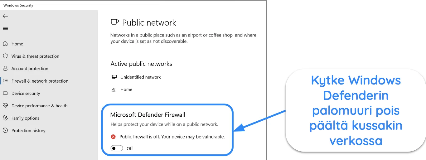 Näyttökaappaus Windows Security -sovelluksesta, jossa näkyy, että Microsoft Defender -palomuuri on poistettu käytöstä.