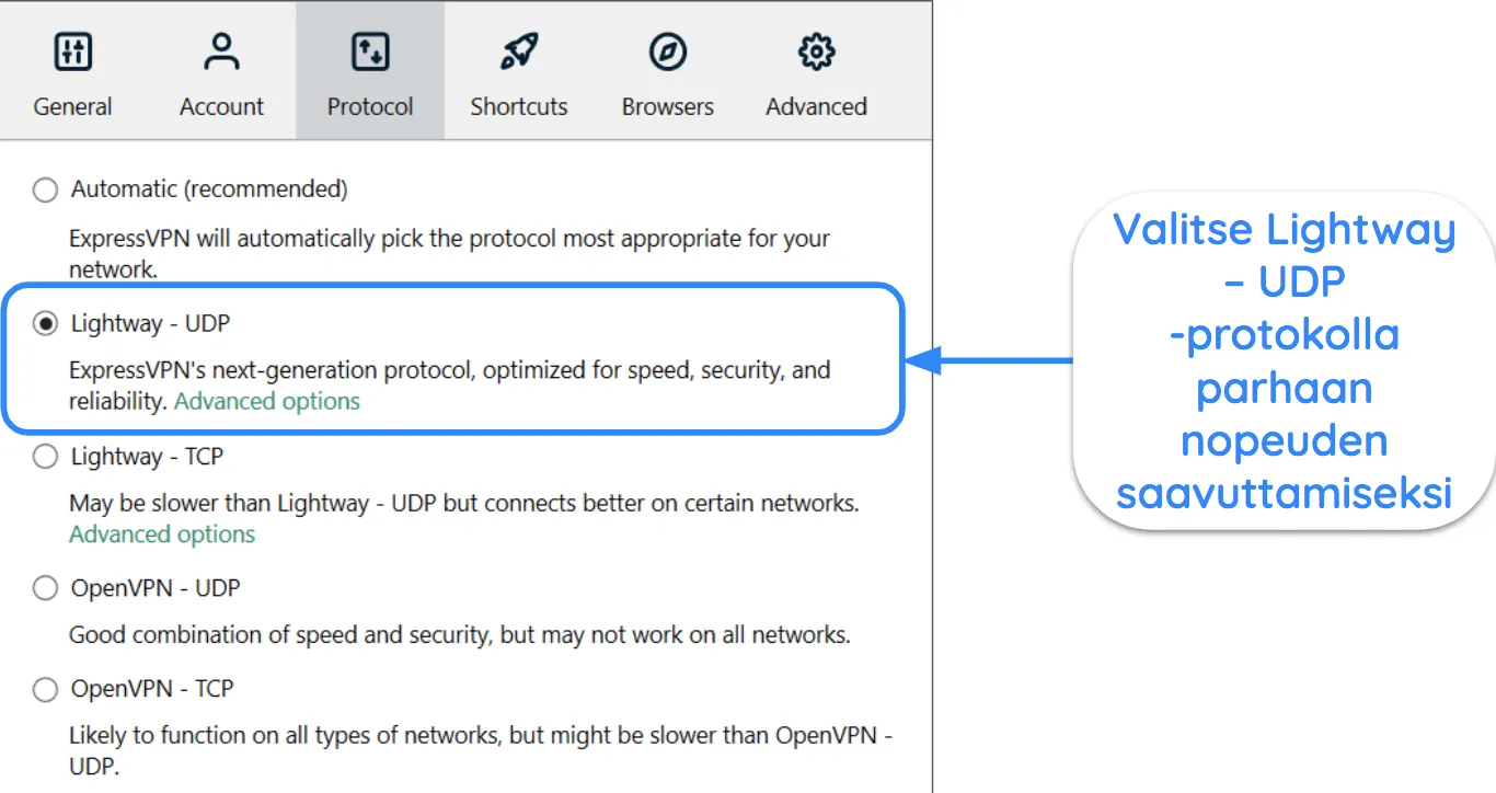 Kuvakaappaus ExpressVPN-liittymästä, jossa näkyy Lightway - UDP-protokolla valittuna.