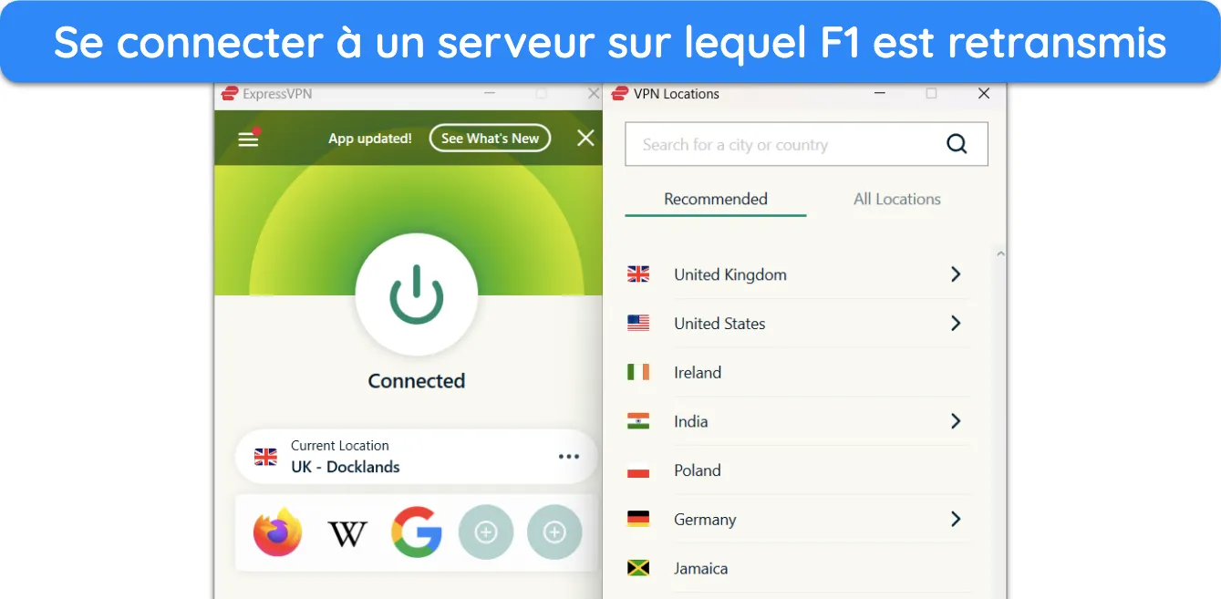 Capture d'écran montrant ExpressVPN connecté à un pays où les courses de F1 sont diffusées en direct.