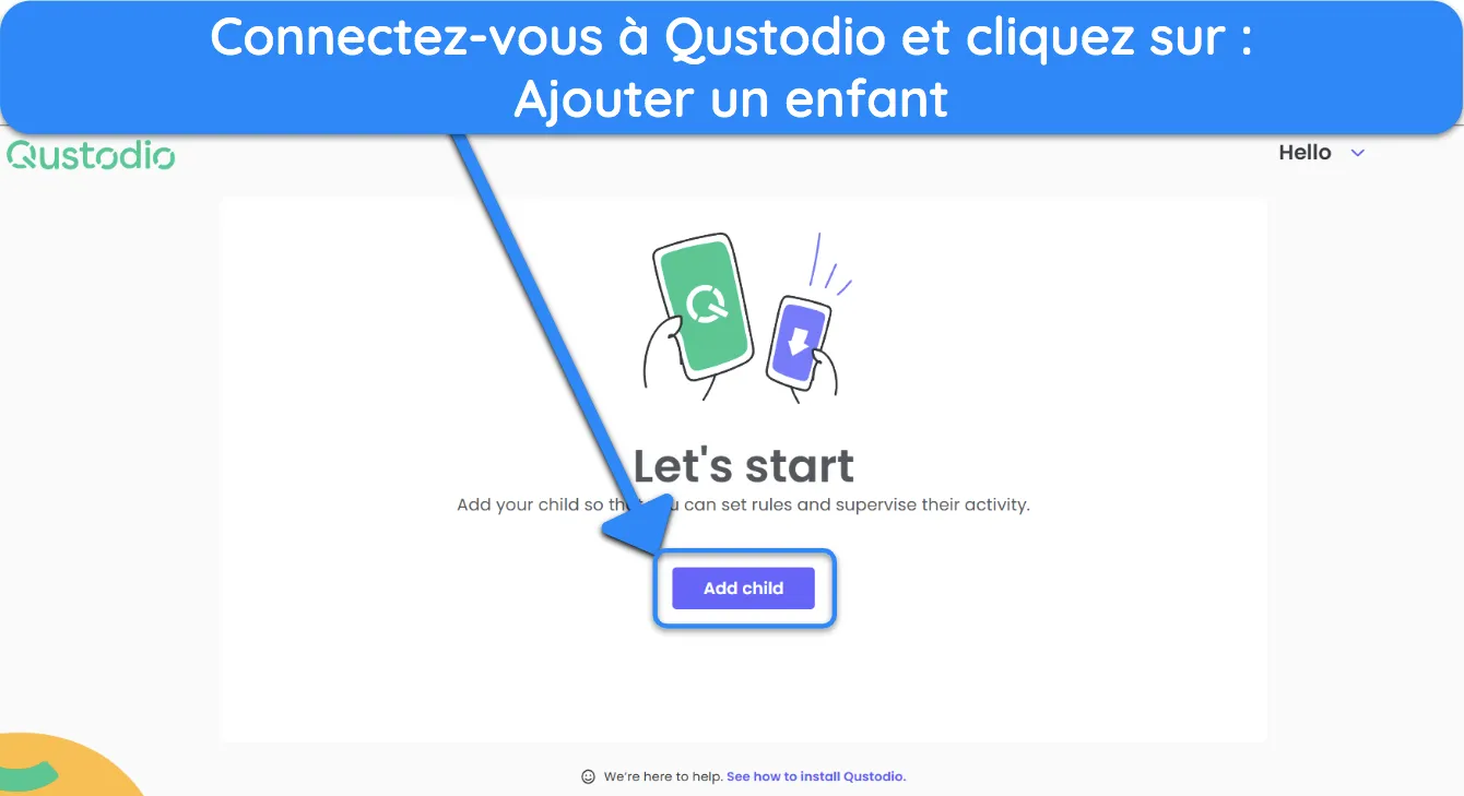 Capture d'écran montrant comment ajouter un enfant à votre compte Qustodio.