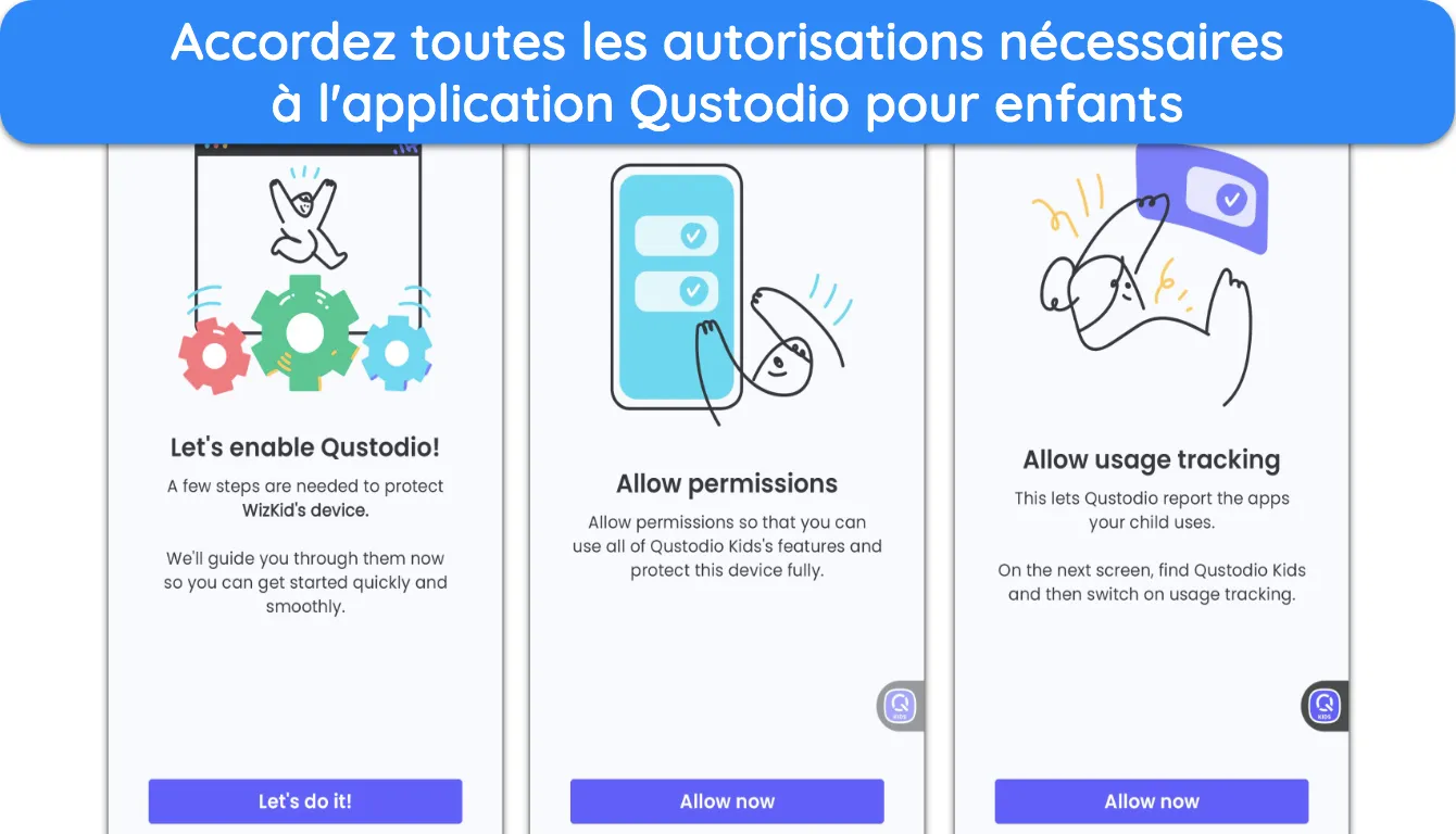 Capture d'écran de l'application Android Qustodio Kids demandant les autorisations nécessaires à son bon fonctionnement.