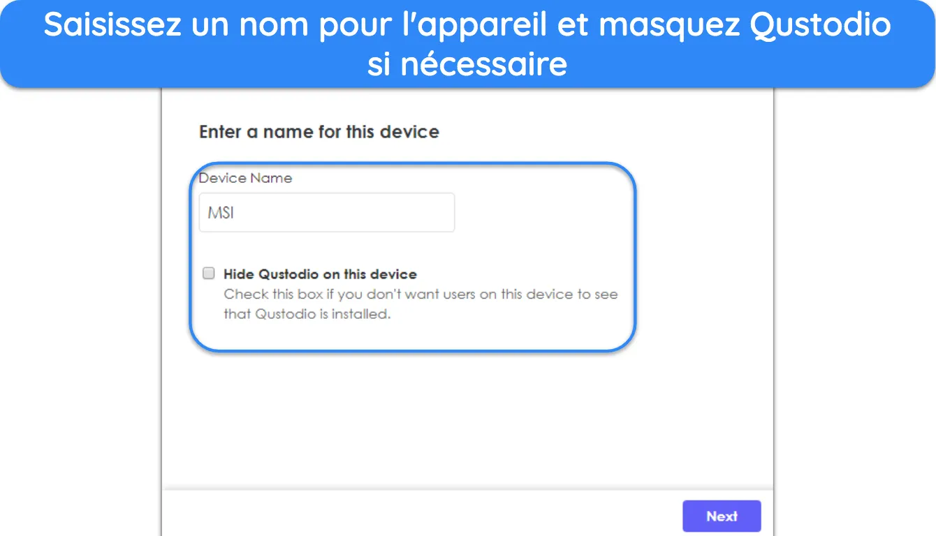 Capture d'écran montrant comment configurer l'application Windows Qustodio Kids.