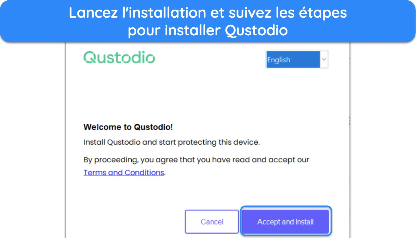 Capture d'écran montrant comment installer Qustodio Kids sur Windows.