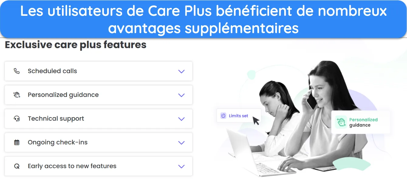 Capture d'écran des avantages supplémentaires offerts par Qustodio Care Plus.
