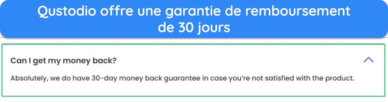 Capture d'écran montrant que Qustodio offre une garantie satisfait ou remboursé de 30 jours.