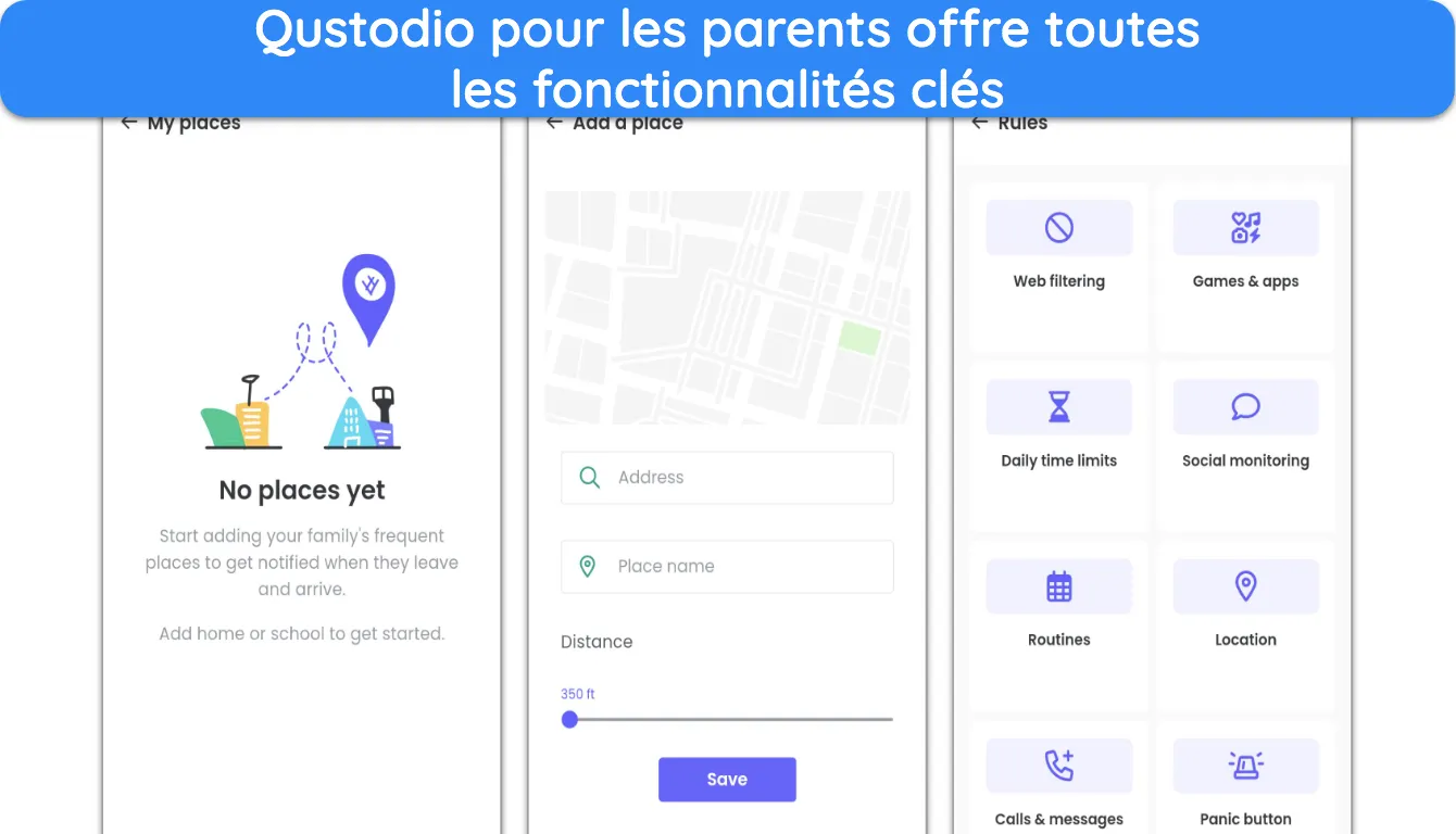 Capture d'écran de l'interface de l'application Qustodio pour les parents.