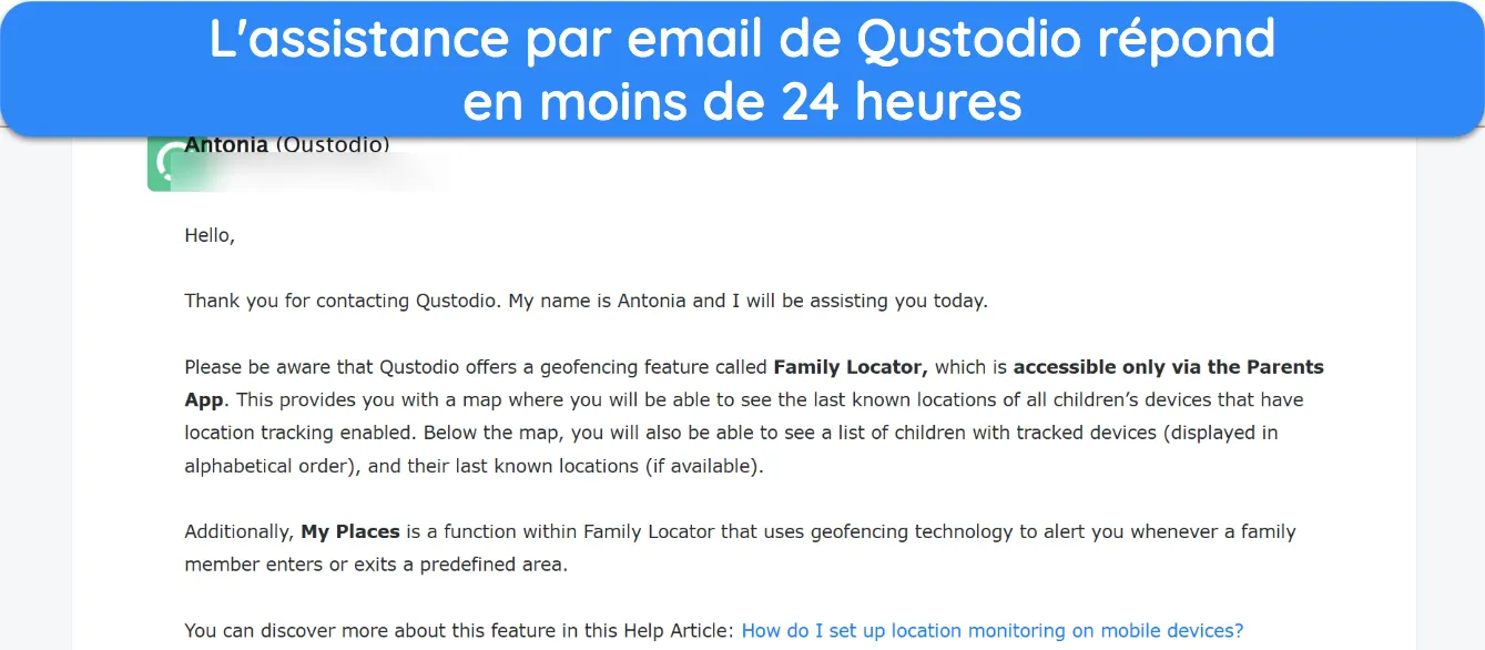 Capture d'écran montrant la réponse de l'assistance par e-mail de Qustodio.