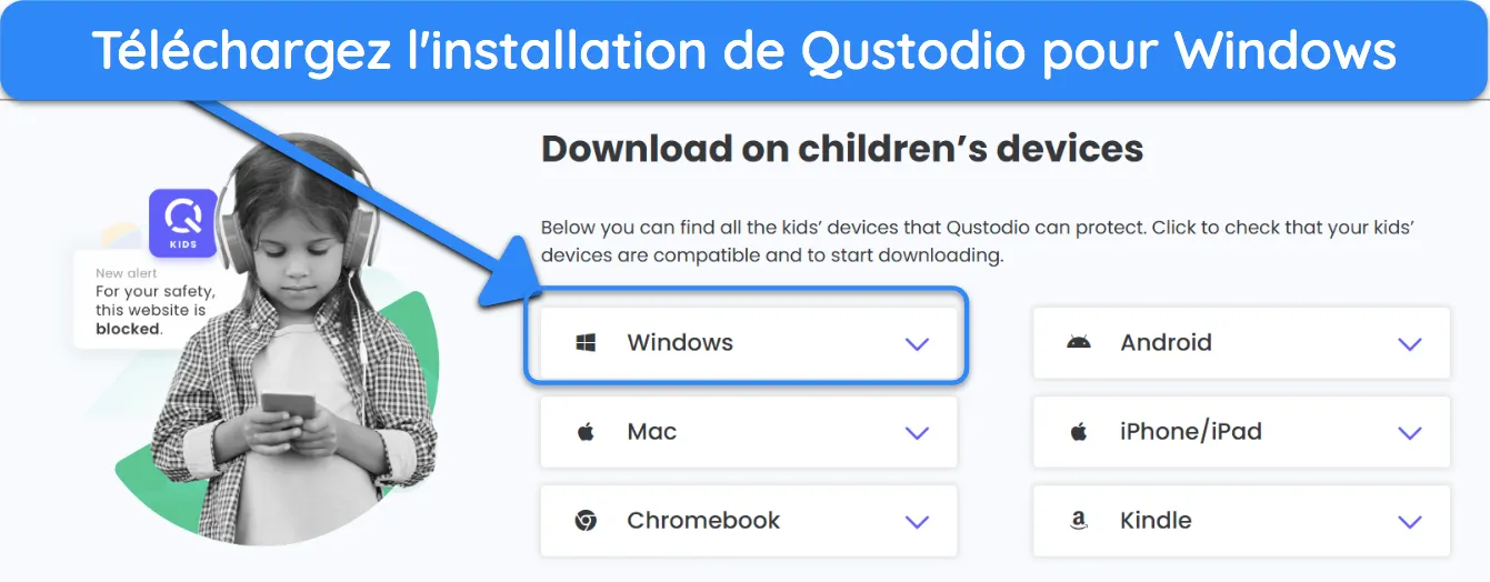 Capture d'écran montrant comment installer Qustodio Kids pour Windows.
