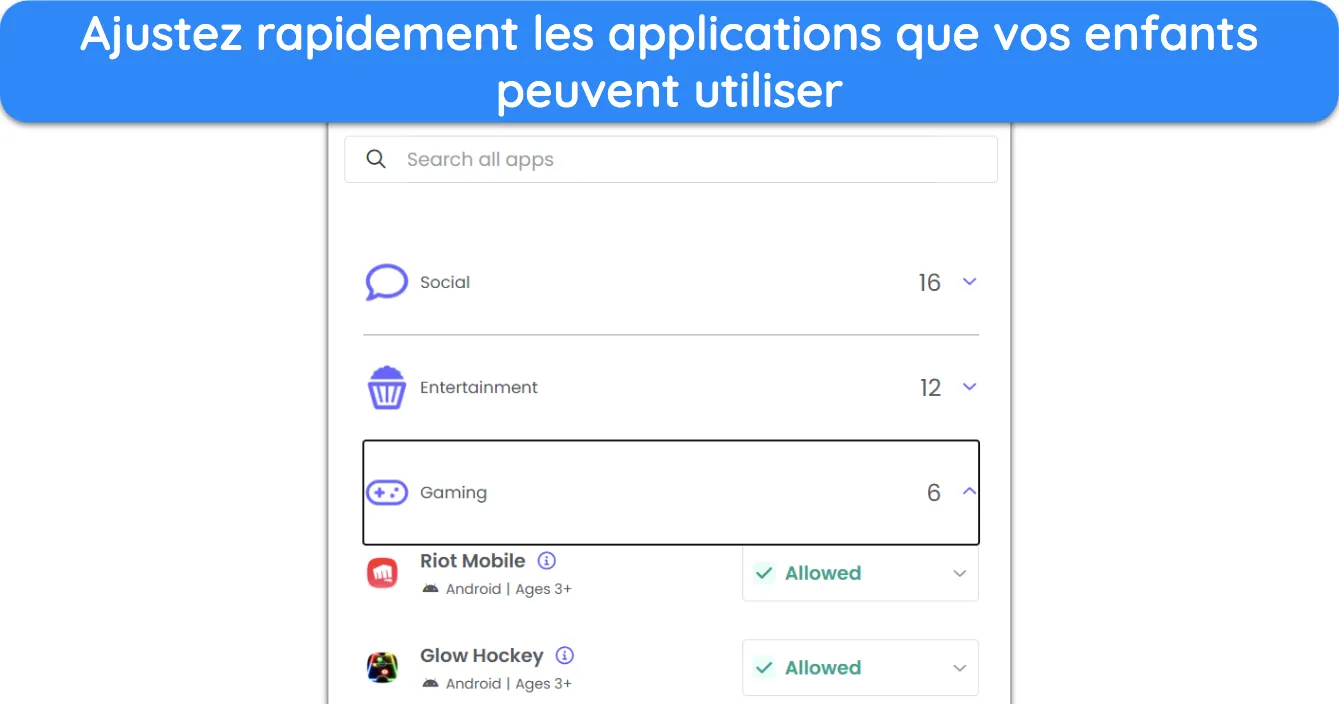 Capture d'écran de Qustodio organisant les applications par catégorie.