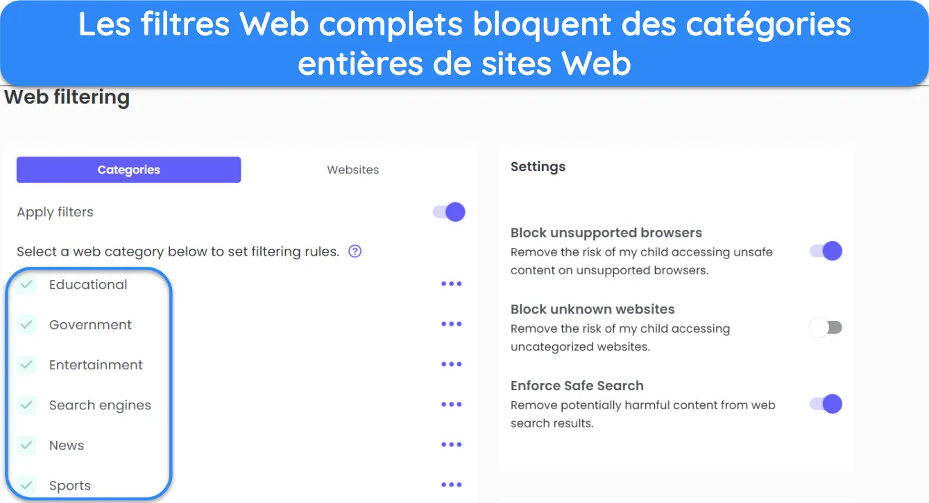Capture d'écran montrant la personnalisation du filtre Web de Qustodio.