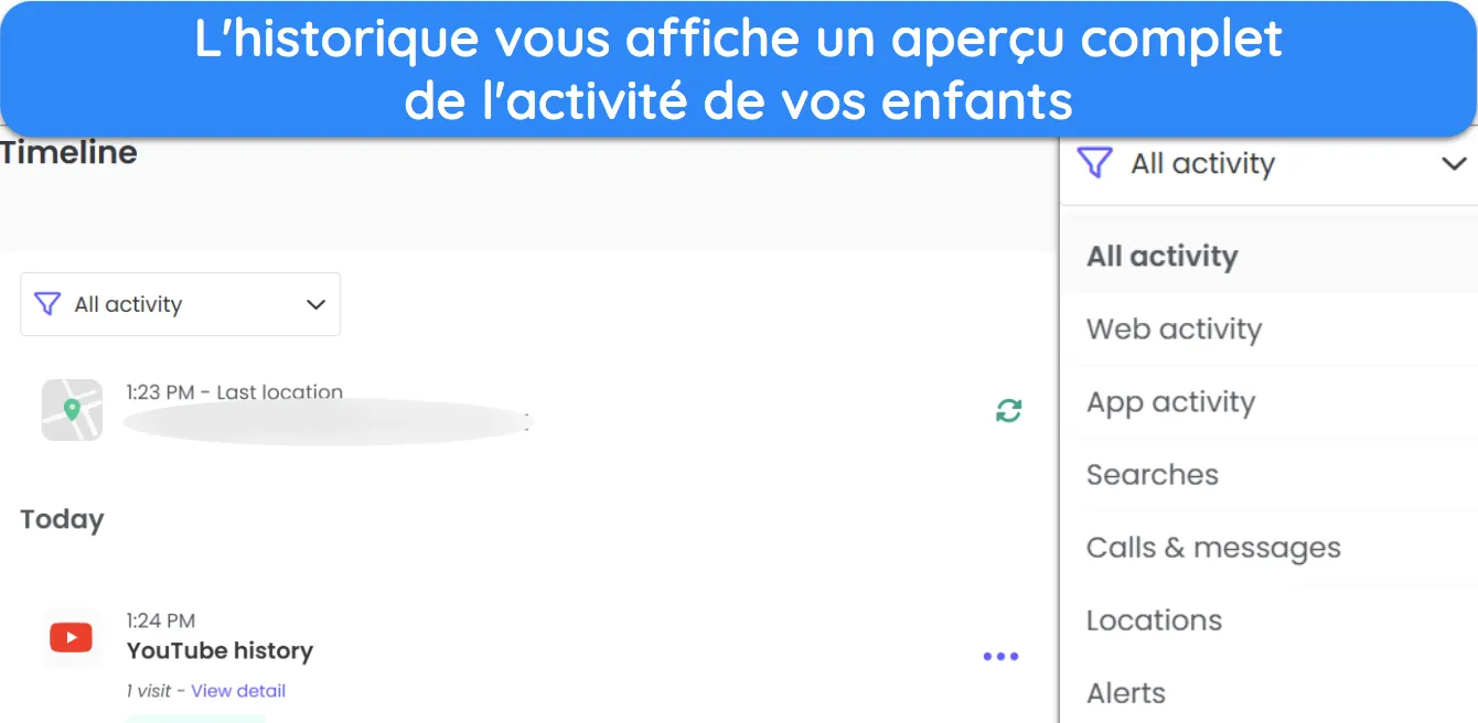 Capture d'écran montrant la fonctionnalité Chronologie dans Qustodio.