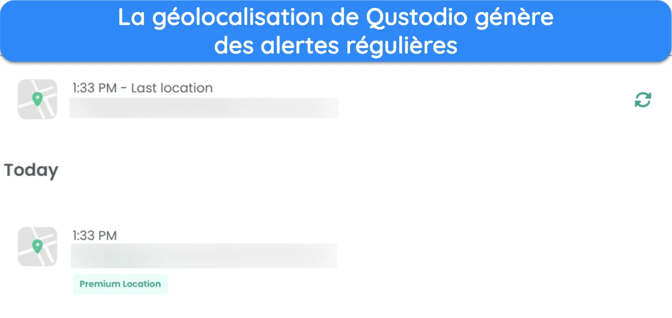 Capture d'écran de la géolocalisation de Qustodio fournissant des alertes sur la position d'un enfant.