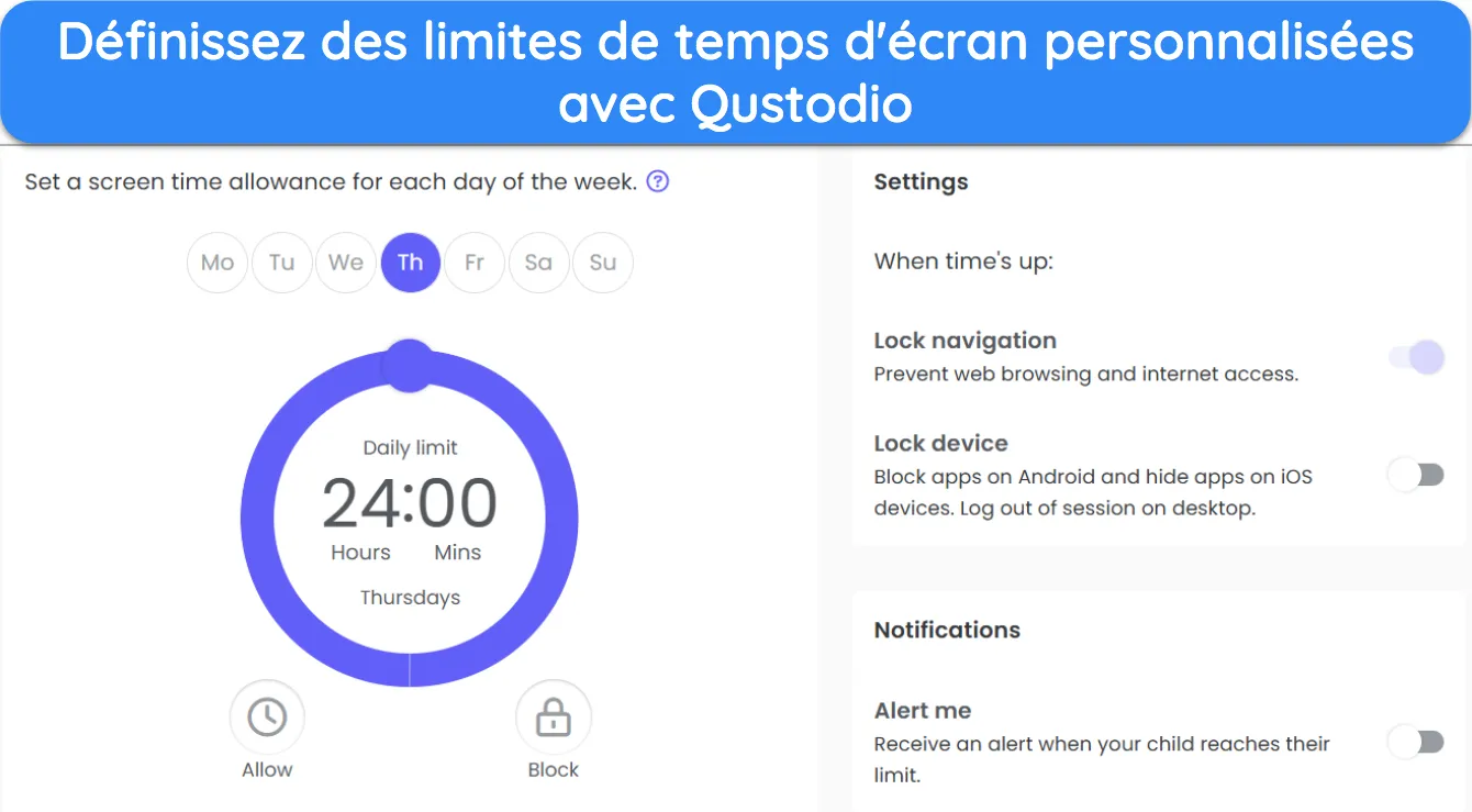 Capture d'écran montrant la fonctionnalité de limitation du temps d'écran dans Qustodio.
