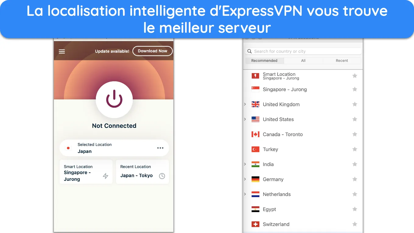Capture d'écran de la liste des emplacements de serveurs d'ExpressVPN sur son application Mac.