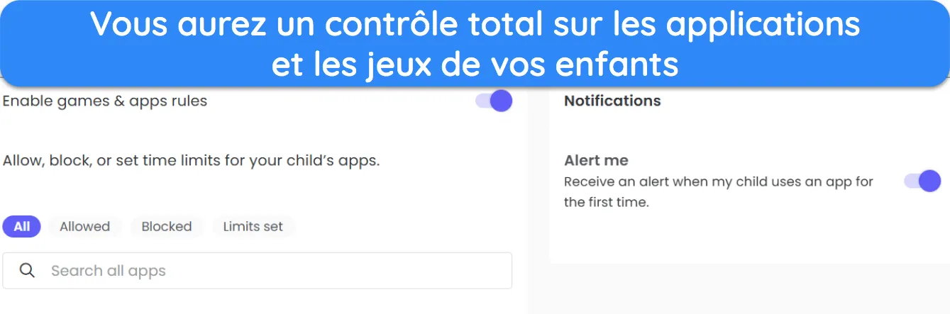 Capture d'écran montrant les règles de l'application et du jeu dans Qustodio.