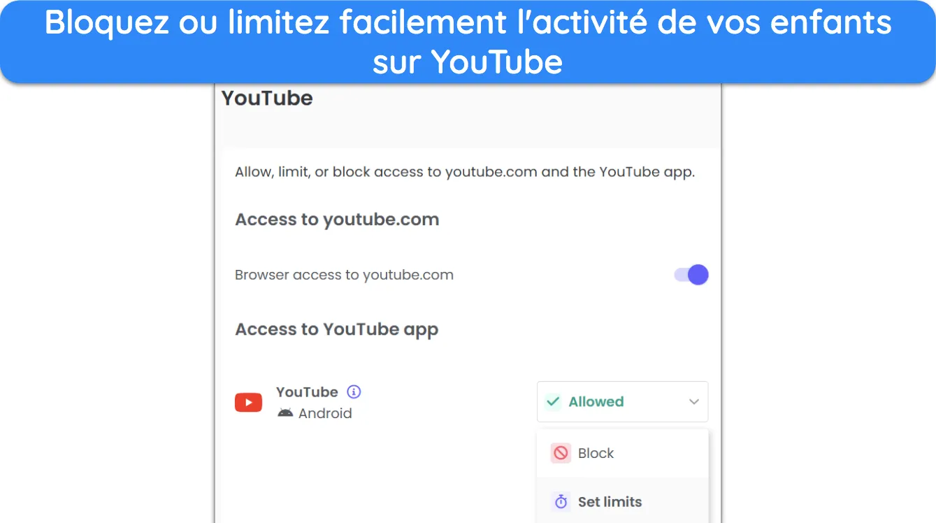 Capture d'écran montrant la fonctionnalité de surveillance YouTube dans Qustodio.