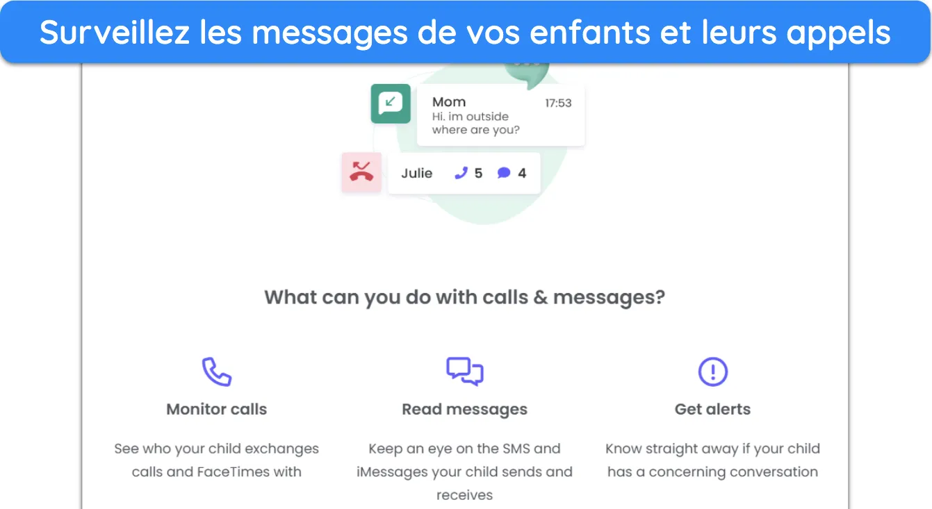 Capture d'écran de la fonctionnalité de surveillance des appels et des SMS dans Qustodio.