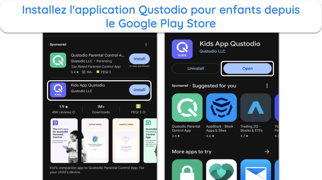 Capture d'écran montrant comment installer l'application Qustodio Kids depuis le Google Play Store.