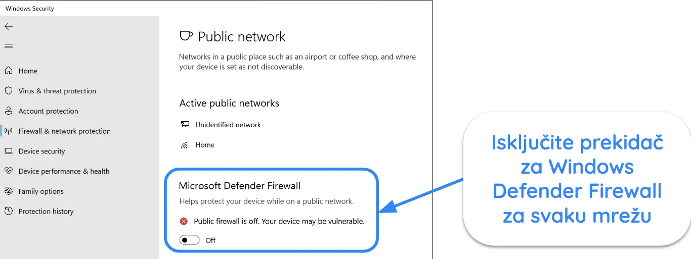 Snimka zaslona sigurnosne aplikacije Windows koja prikazuje isključen vatrozid Microsoft Defender.