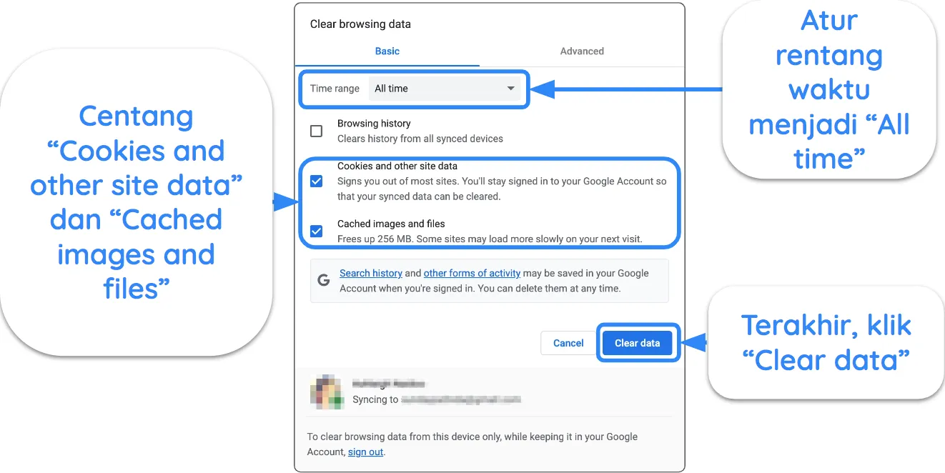 Cuplikan layar Google Chrome yang menampilkan pengaturan untuk menghapus cache dan cookie.