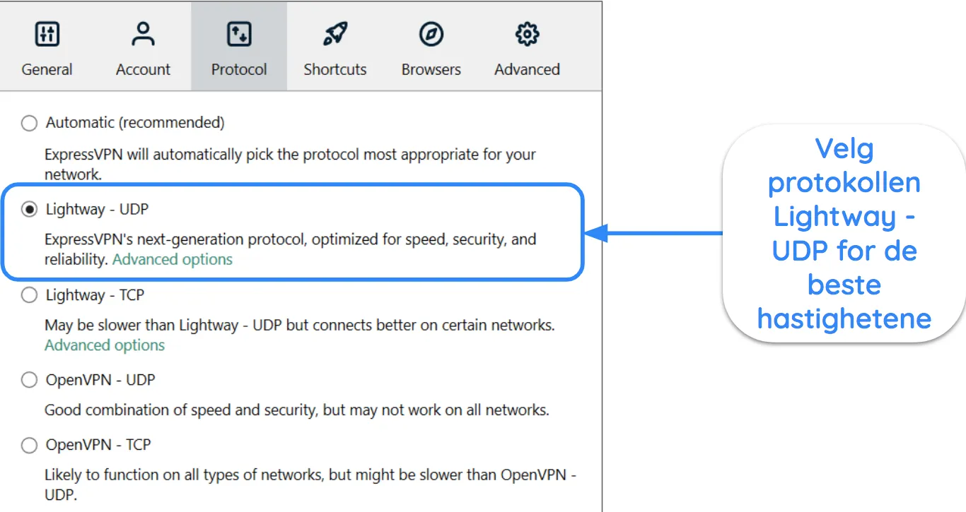 Skjermbilde av ExpressVPN-grensesnitt som viser Lightway - UDP-protokoll valgt.