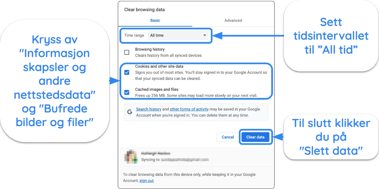 Skjermbilde av Google Chrome som viser innstillinger for tømming av buffer og informasjonskapsler.