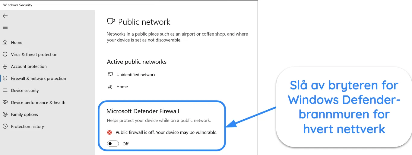Skjermbilde av Windows Security-appen som viser Microsoft Defender Firewall slått av.