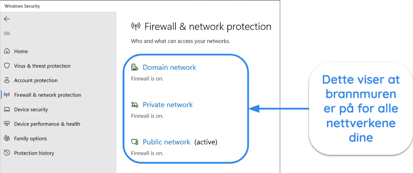 Skjermbilde av Windows Security-appen som viser status for brannmur og nettverksbeskyttelse.