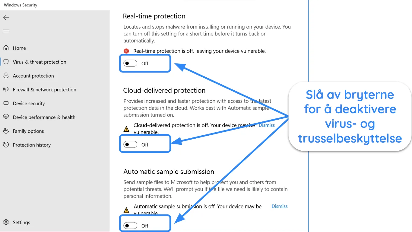 Skjermbilde av Windows Security-appen som viser virus- og trusselbeskyttelse slått av.