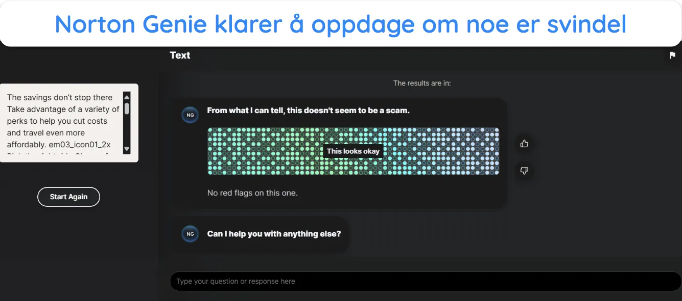 Skjermbilde av Norton Genie som sjekker om innholdet i en e-post inneholder svindel