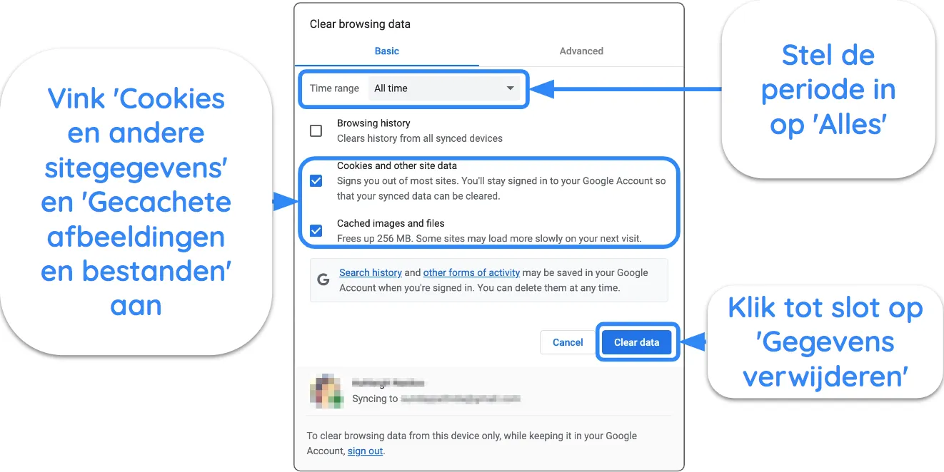 Screenshot van Google Chrome met instellingen voor het wissen van cache en cookies.