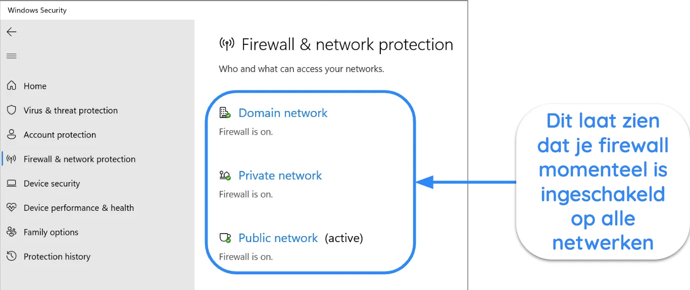 Screenshot van Windows Security-app met status Firewall en netwerkbeveiliging.