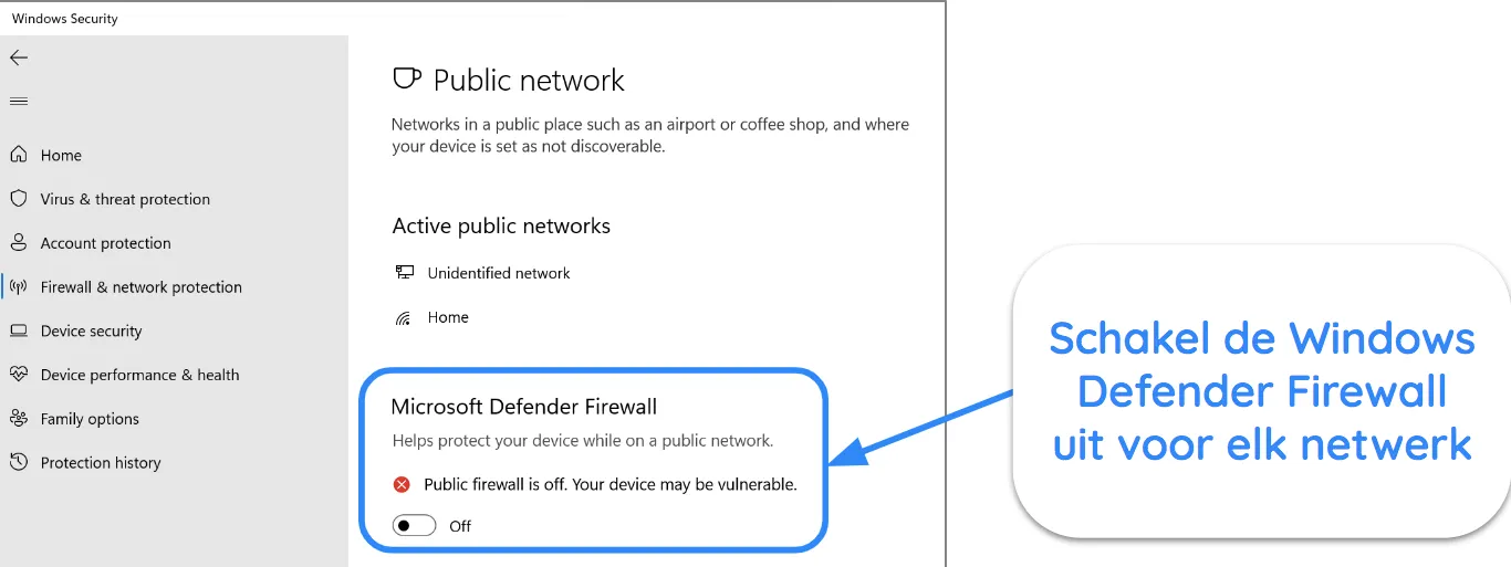 Screenshot van Windows Security-app met Microsoft Defender Firewall uitgeschakeld.