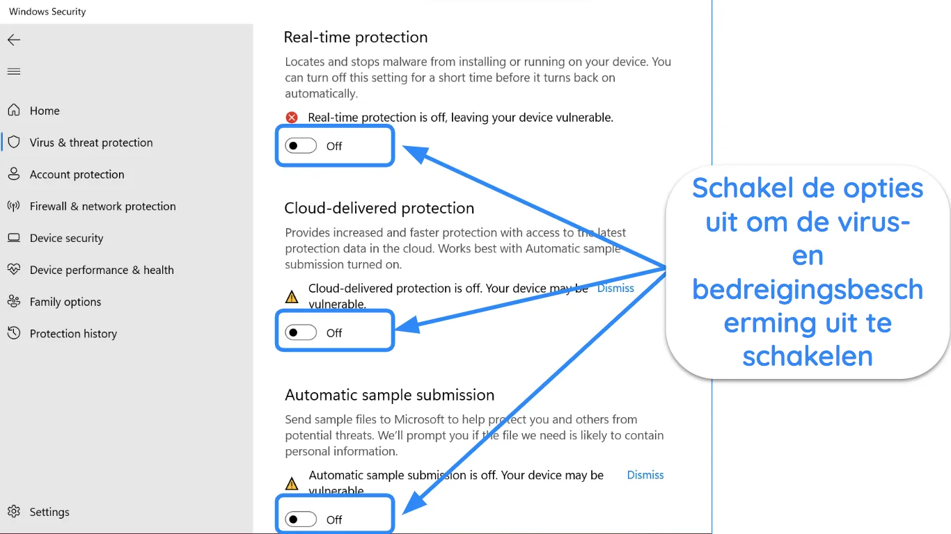 Screenshot van Windows Security-app met status Virus- en bedreigingsbeveiliging uitgeschakeld.