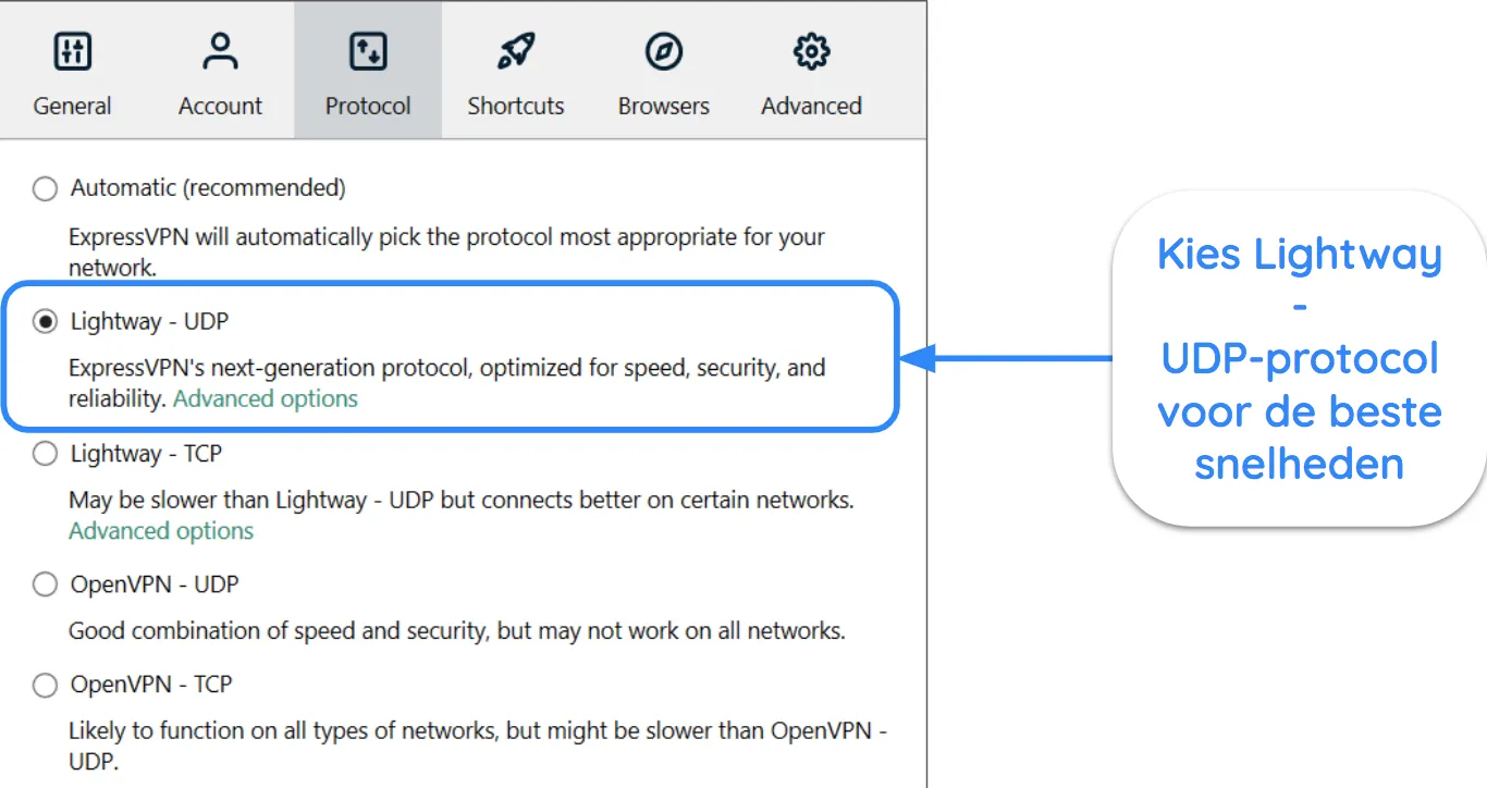 Screenshot van ExpressVPN-interface met Lightway - UDP-protocol geselecteerd.