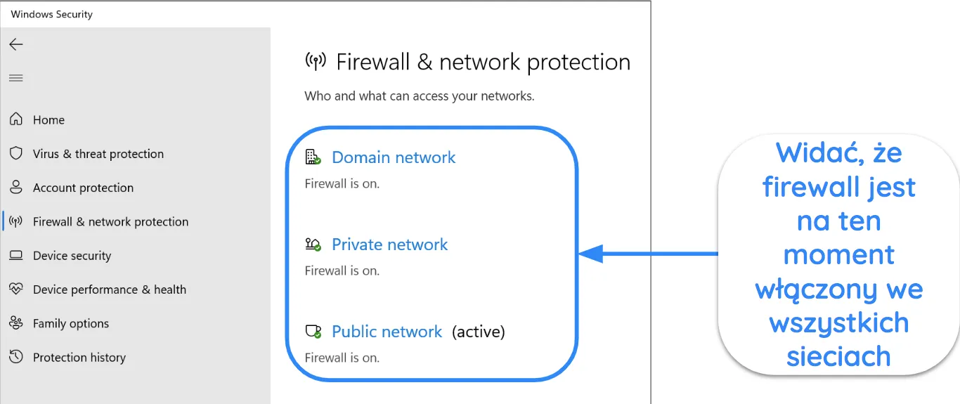Zrzut ekranu aplikacji Windows Security pokazujący stan zapory i ochrony sieci.
