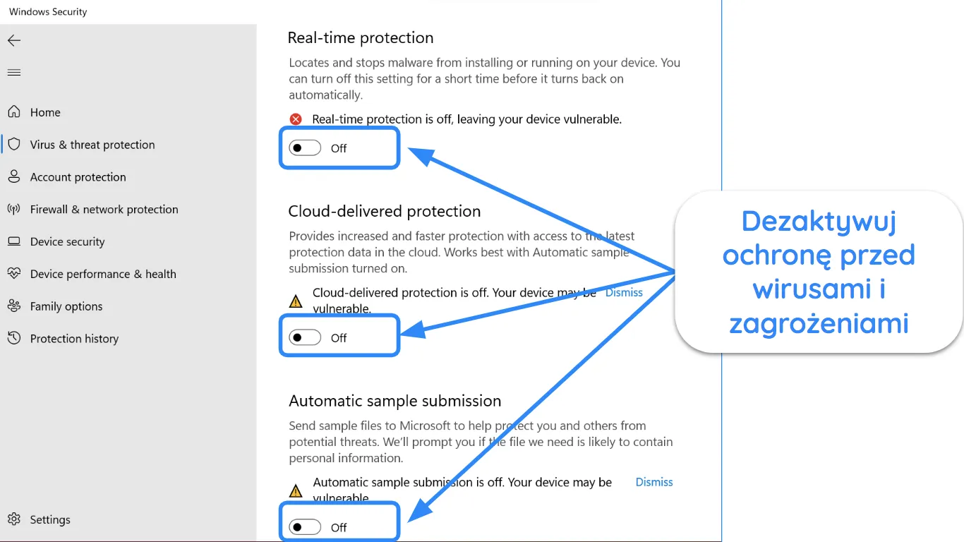 Zrzut ekranu aplikacji Windows Security pokazujący wyłączoną ochronę przed wirusami i zagrożeniami.