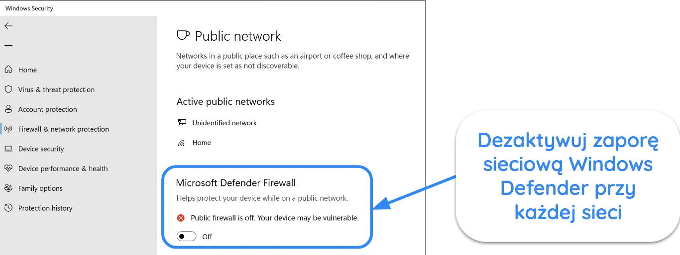 Zrzut ekranu aplikacji Windows Security pokazujący wyłączony program Microsoft Defender Firewall.