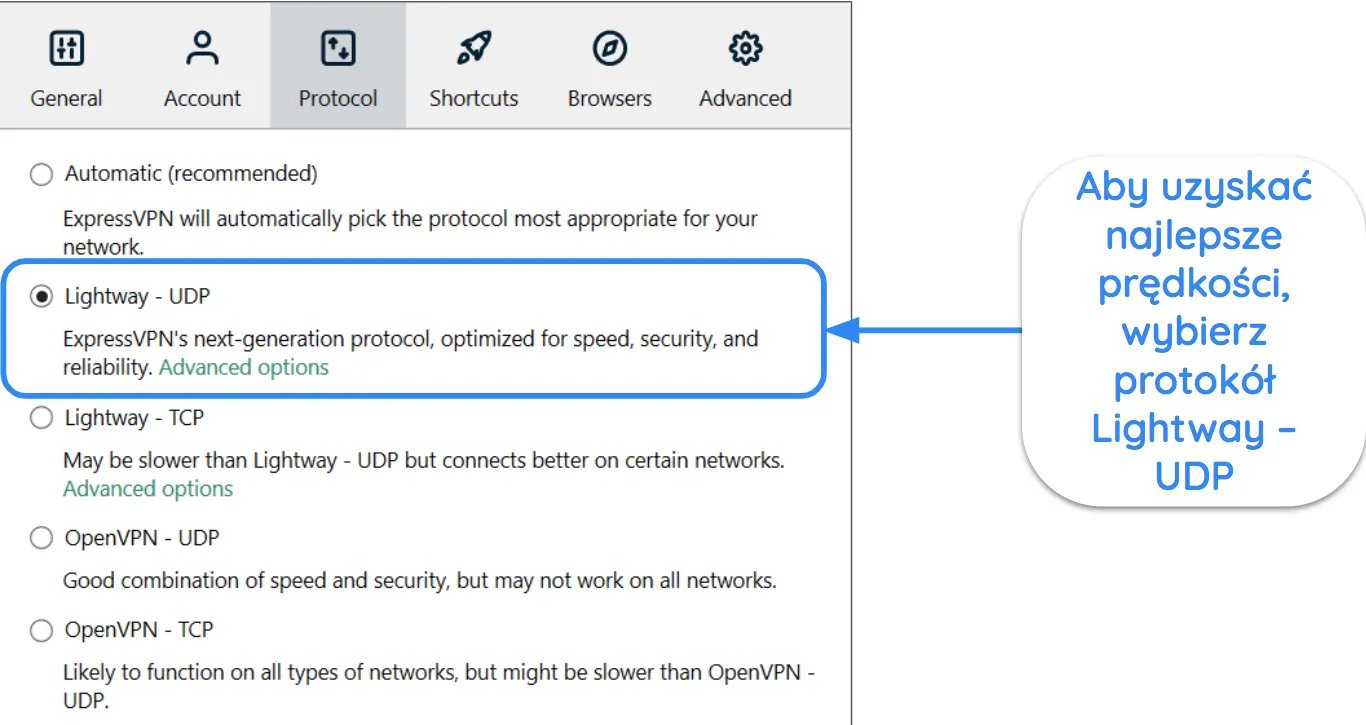 Zrzut ekranu interfejsu ExpressVPN pokazujący Lightway - wybrany protokół UDP.