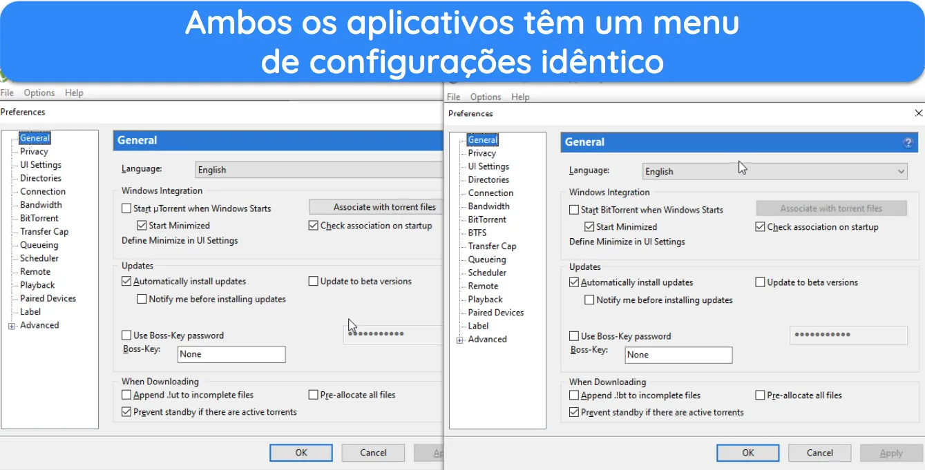 Captura de tela mostrando uma comparação do menu de configurações nos aplicativos de desktop do BitTorrent e do uTorrent.